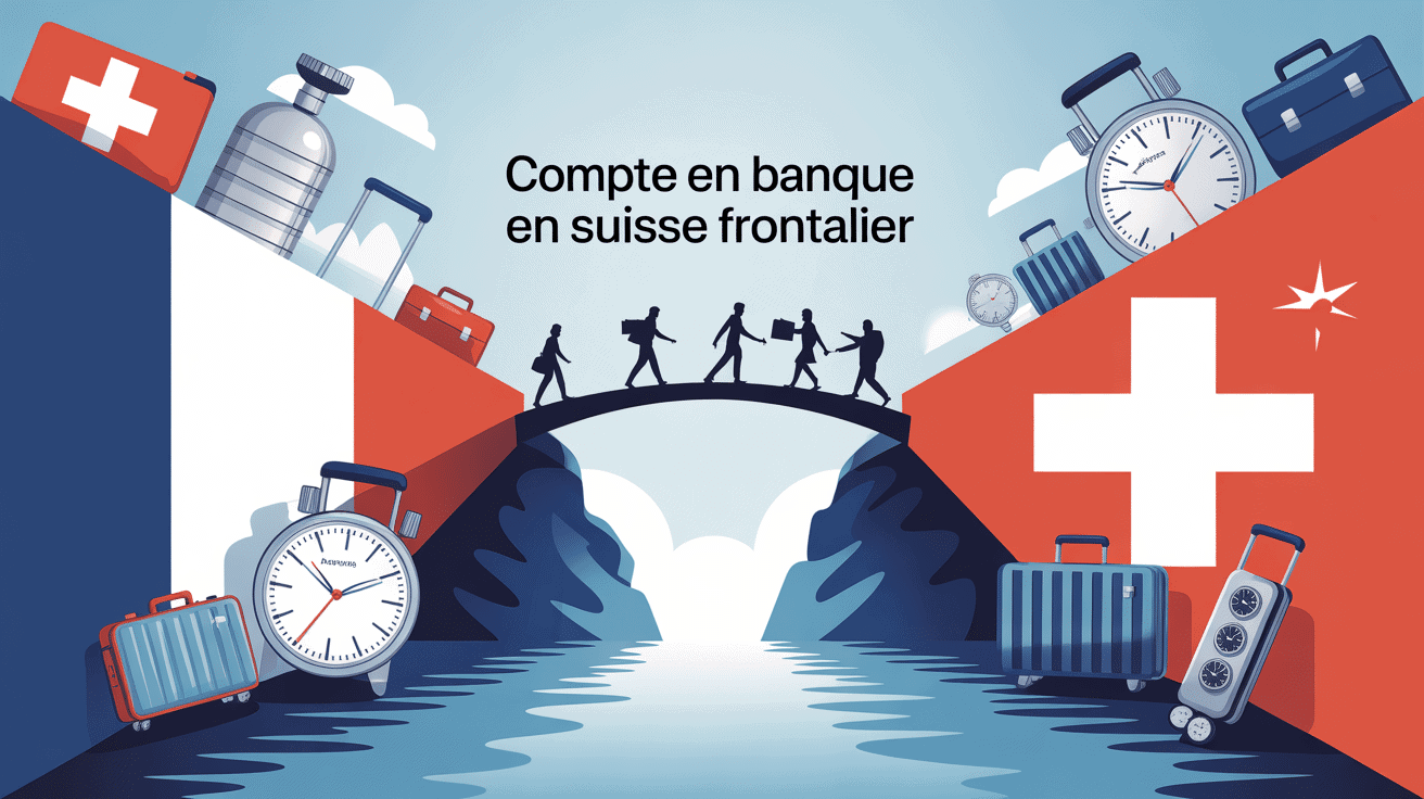 Illustration moderne banque en suisse pour frontalier, pont et frontières