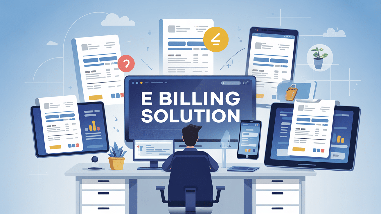 Illustration de bureau moderne avec factures numériques e billing solutions