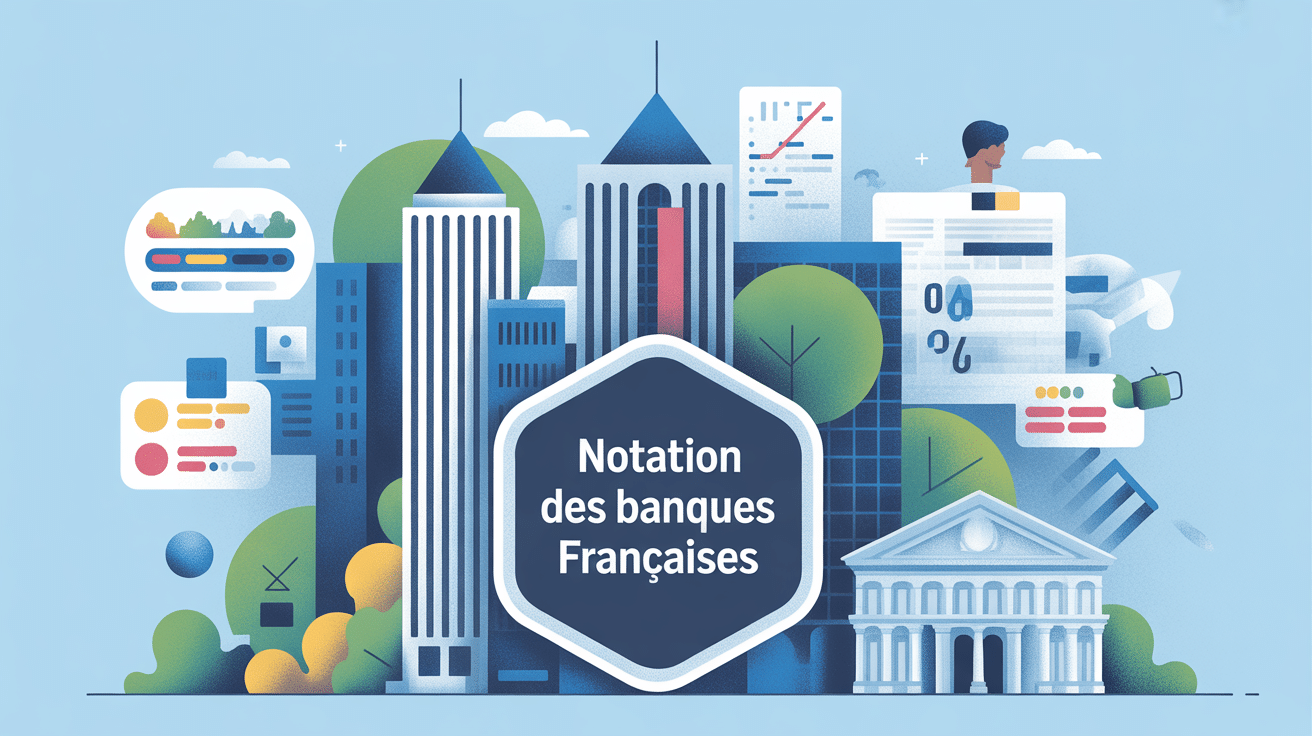 Illustration vectorielle notation des banques françaises avec badge et immeubles
