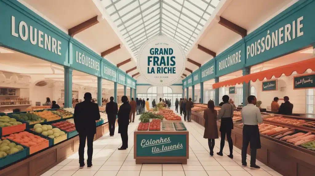 halle moderne Grand Frais La Riche avec étals colorés et clients