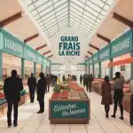 halle moderne Grand Frais La Riche avec étals colorés et clients