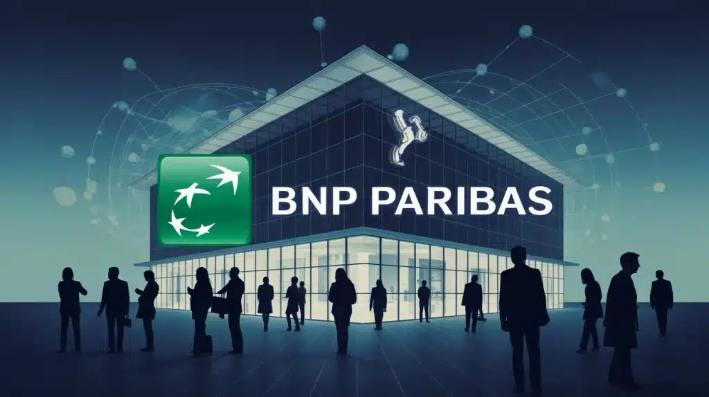 Illustration moderne BNP Paribas banque européenne digitale et traditionnelle
