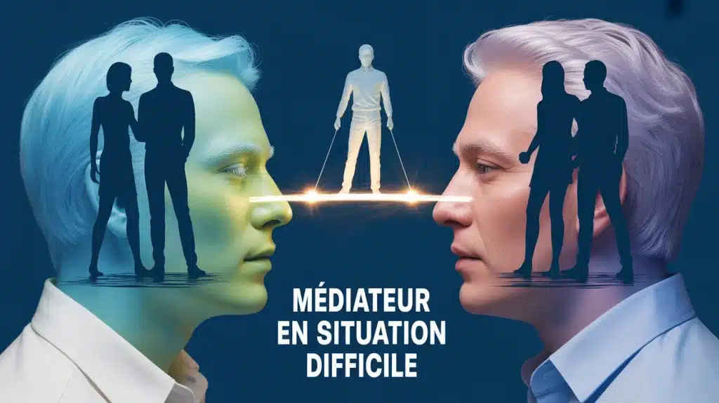 médiateur en situation difficile tenant un pont lumineux entre deux groupes en conflit