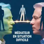 médiateur en situation difficile tenant un pont lumineux entre deux groupes en conflit