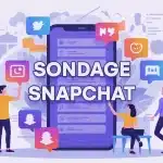 Interface mobile avec sondage Snapchat et icônes interactives