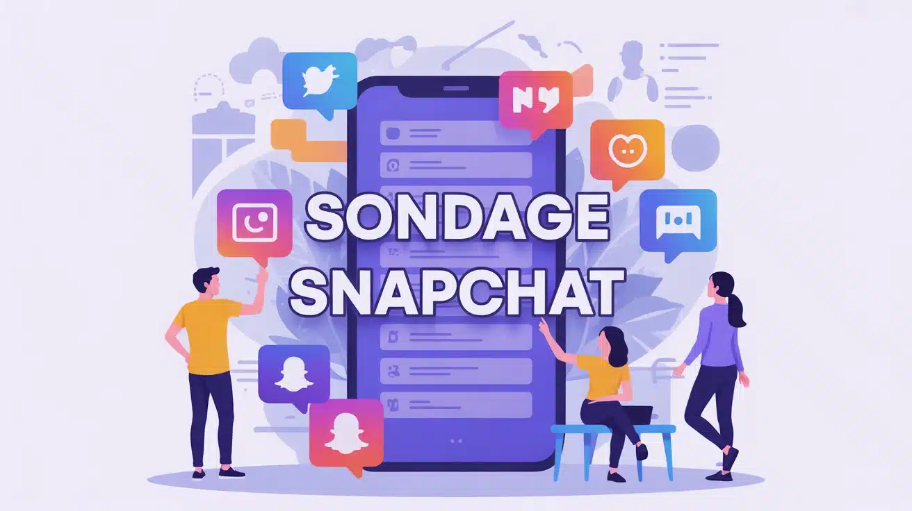 Interface mobile avec sondage Snapchat et icônes interactives