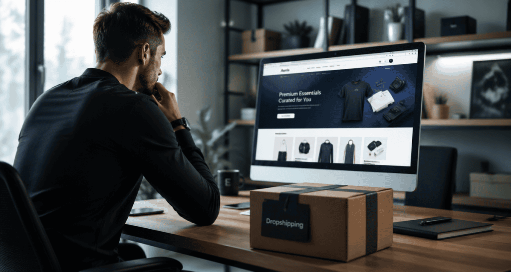 dropshipping définition, entrepreneur devant une boutique en ligne et colis
