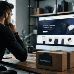 dropshipping définition, entrepreneur devant une boutique en ligne et colis