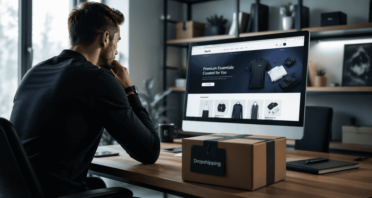 dropshipping définition, entrepreneur devant une boutique en ligne et colis