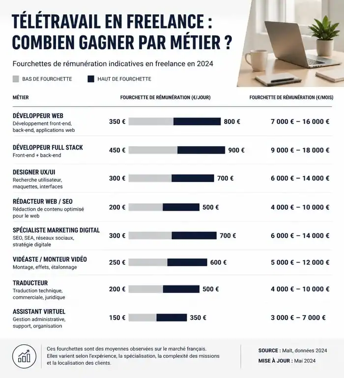 Infographie des revenus et tarifs journaliers moyens pour le teletravail en ligne freelance par métier