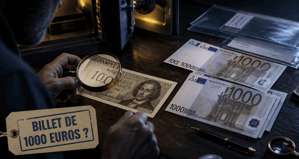 billets 1000 euros sur table avec collectionneur