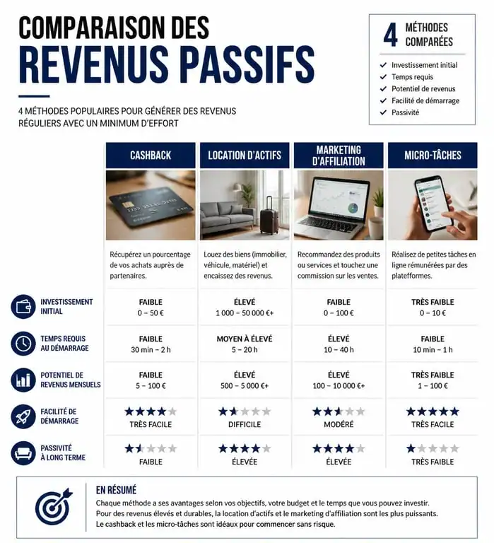 Comparatif des méthodes pour gagner de l'argent sans rien faire : cashback, location, affiliation et micro-services