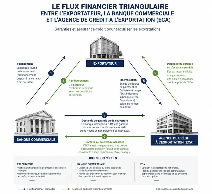 Schéma de fonctionnement d'une agence de crédit à l'exportation (ECA) et ses mécanismes de garantie