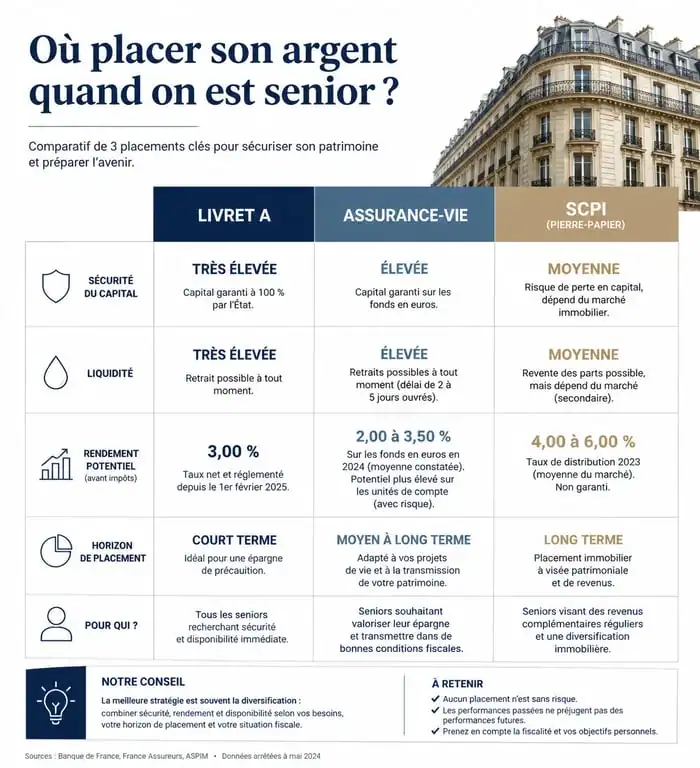 Tableau comparatif des meilleurs placements pour un senior : assurance-vie, livrets et SCPI