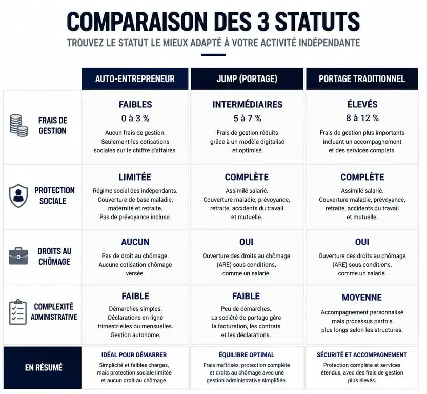 Tableau comparatif des statuts freelance : Auto-entrepreneur vs Jump portage vs Portage traditionnel