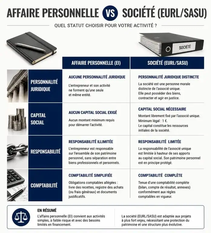 Tableau comparatif des statuts juridiques : Affaire personnelle commerçant vs Société