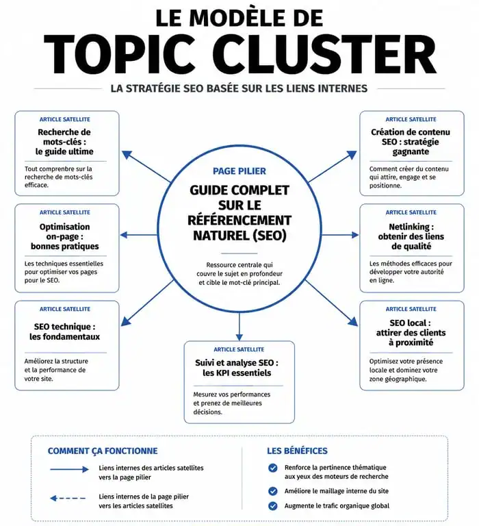 Schéma illustrant une stratégie de contenu SEO basée sur le modèle des Topic Clusters avec une page pilier et des articles satellites.