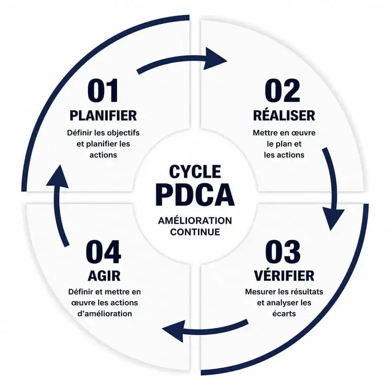 Schéma du cycle PDCA pour la roue de Deming et l'amélioration continue