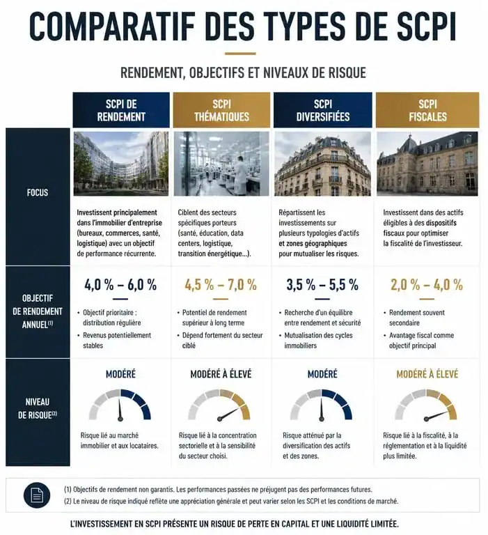 Infographie comparative des types de SCPI et avis sur les rendements et risques pour investir en SCPI.