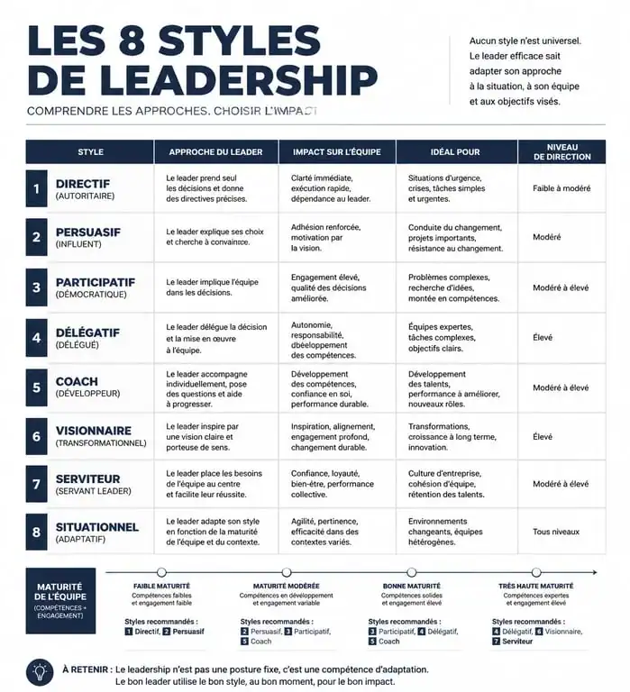 Infographie des 8 styles de leadership en entreprise