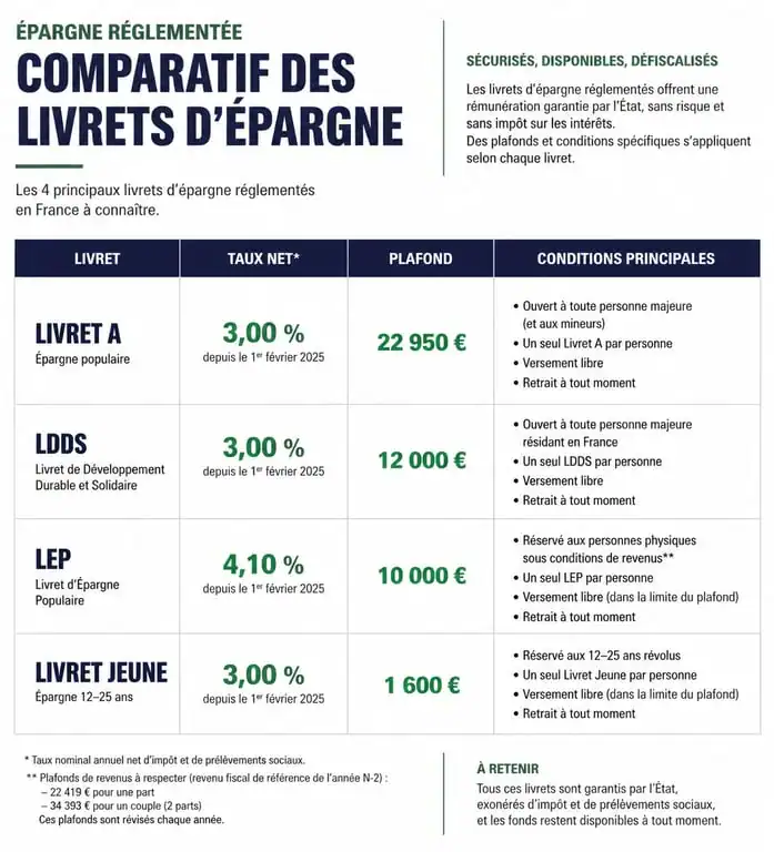 Tableau comparatif des livrets d'épargne réglementés (Livret A, LDDS, LEP, Livret Jeune) pour optimiser son virement bancaire de 212 euros