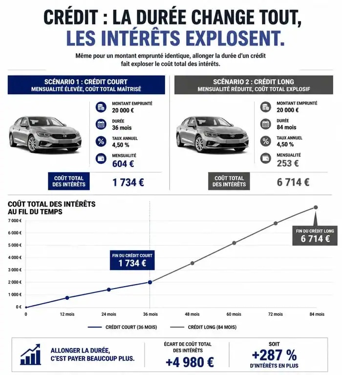 Infographie sur les pièges du rachat de crédit et l'impact de la durée sur le coût total