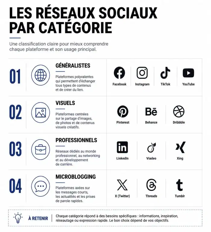 Infographie de la typologie des réseaux sociaux : généralistes, visuels, professionnels et microblogging