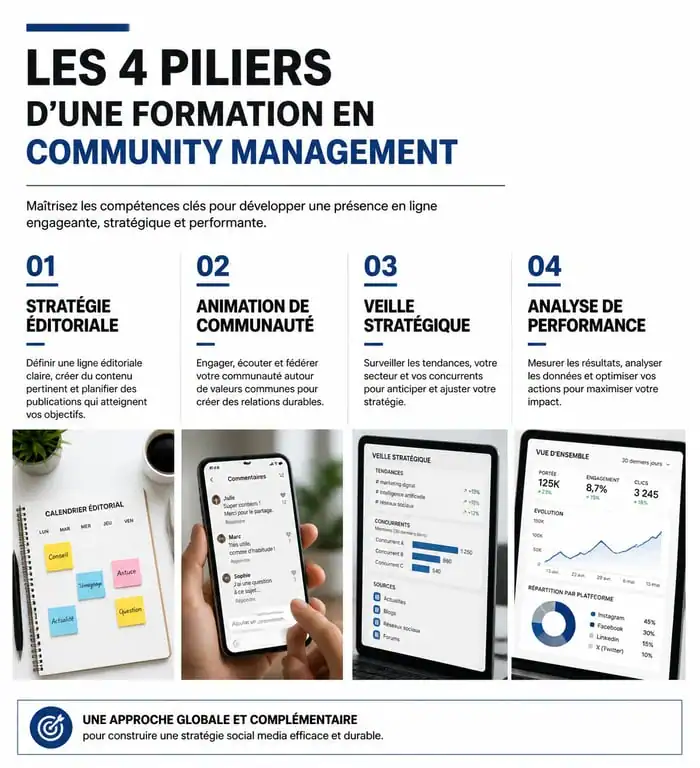 Infographie des piliers d'une formation community management