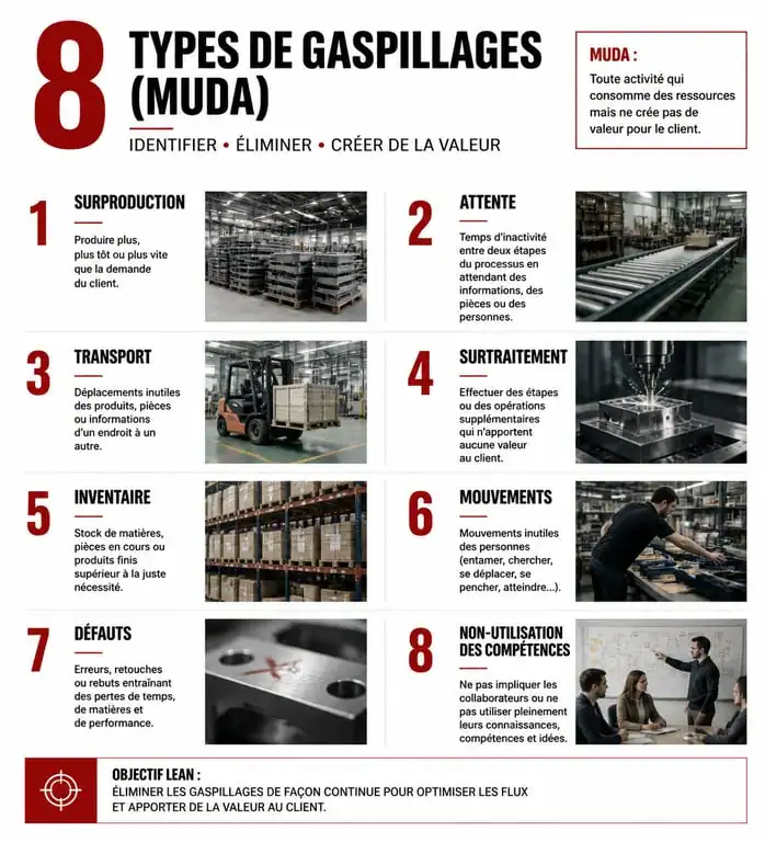Infographie des 8 gaspillages du lean manufacturing pour l'optimisation industrielle