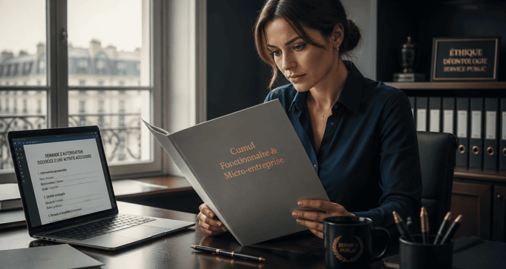 fonctionnaire et auto entrepreneur au bureau avec dossier cumul