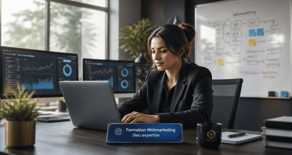 Femme en formation webmarketing devant ordinateur