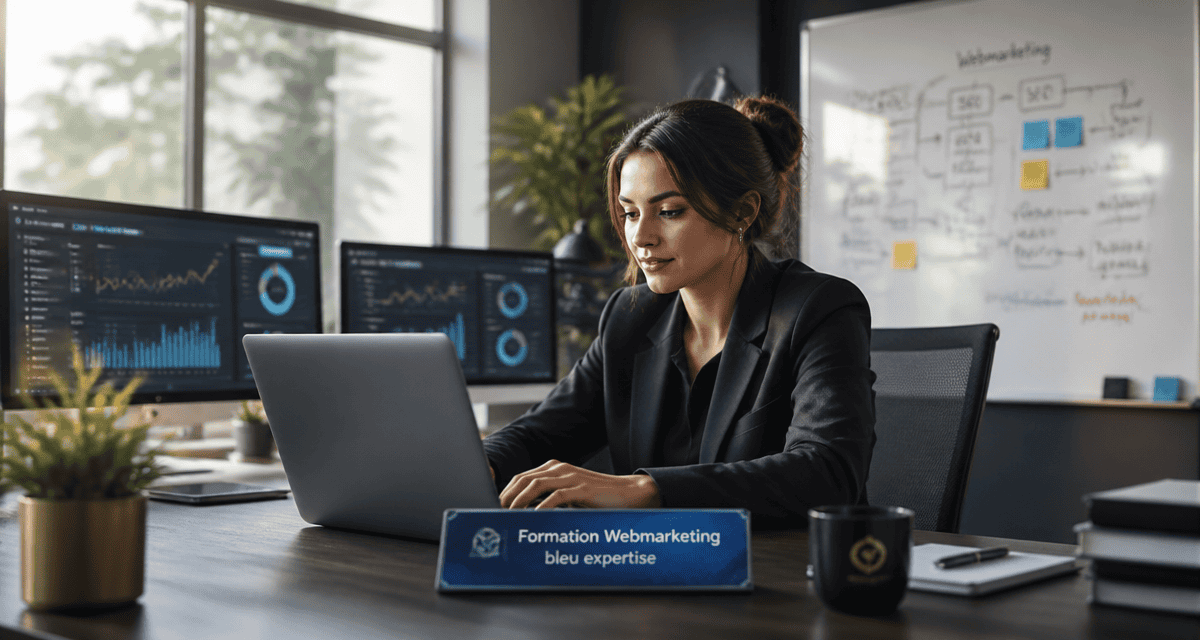 Femme en formation webmarketing devant ordinateur