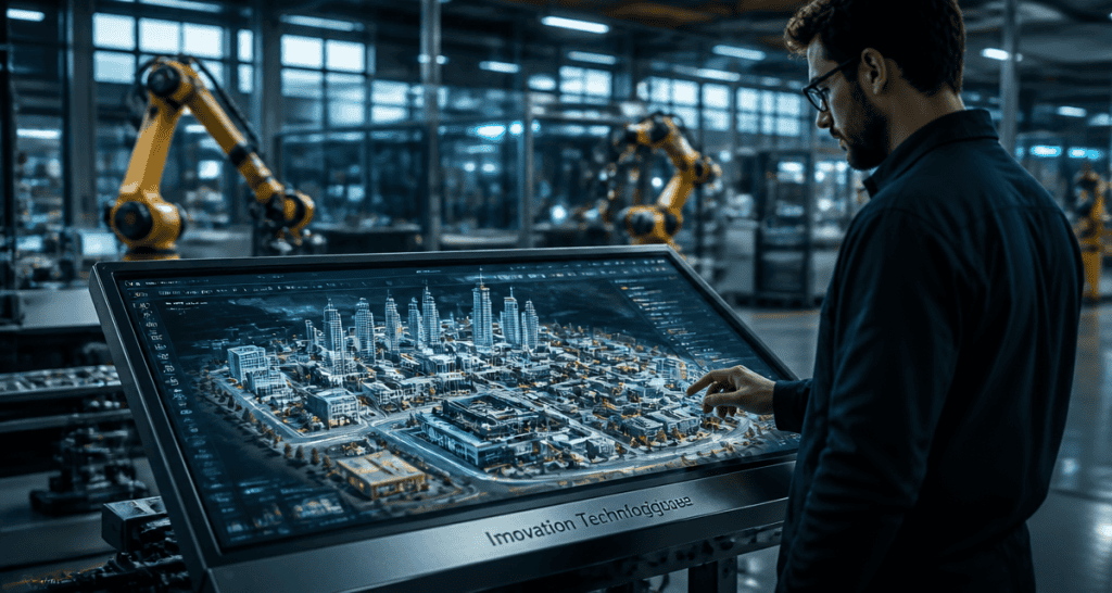 innovation technologique dans un open-space industriel avec IA et jumeaux numériques