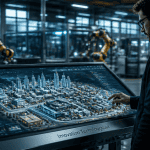 innovation technologique dans un open-space industriel avec IA et jumeaux numériques