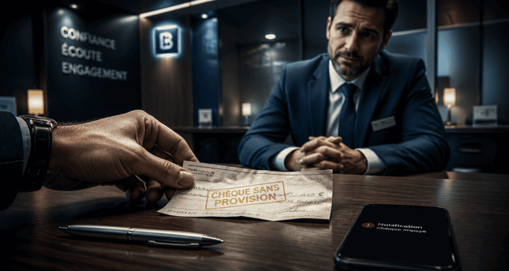 nouvelle loi sur les chèques impayés, main remet chèque froissé à la banque