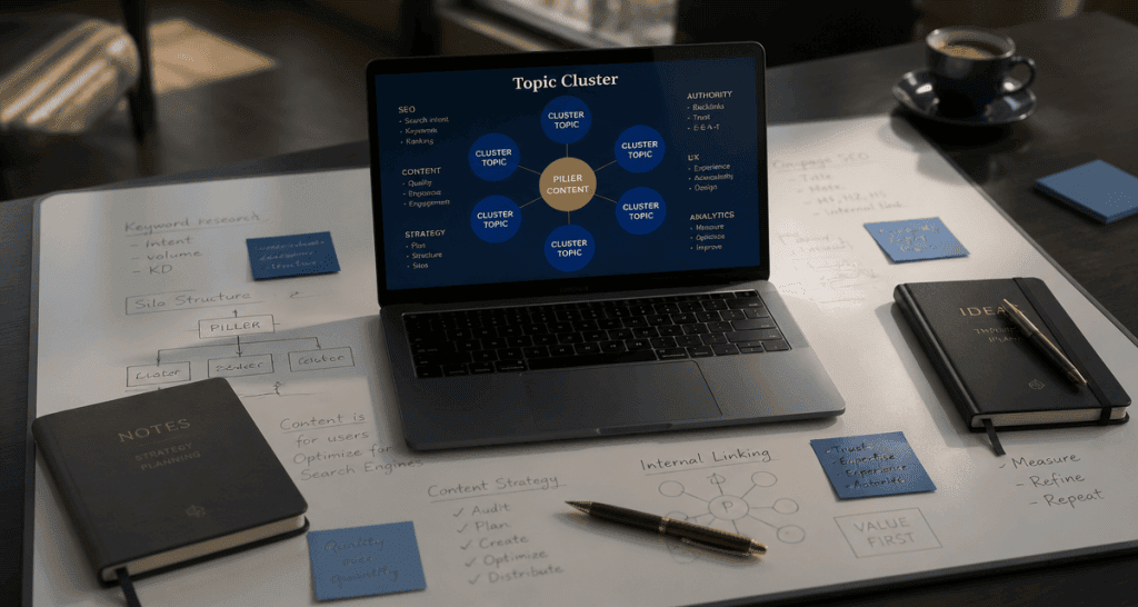 stratégie de contenu seo, tableau blanc, topic cluster