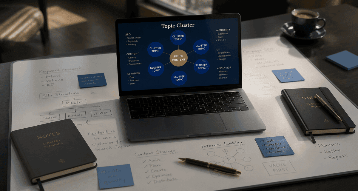 stratégie de contenu seo, tableau blanc, topic cluster