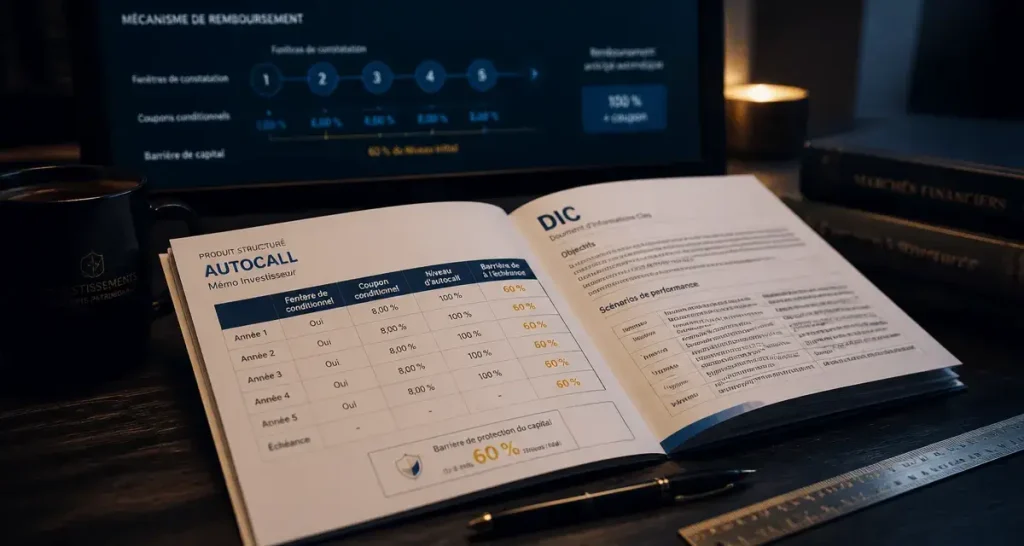 Autocall : brochure et schéma de remboursement, risques et scénarios de performance