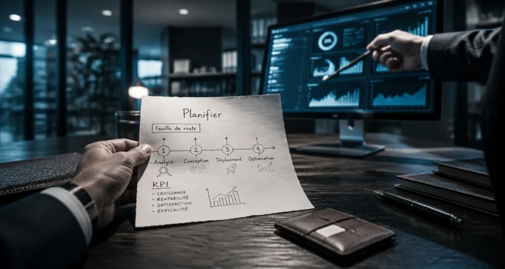 Définition management : planifier, organiser, diriger, contrôler, KPI sur tableau de bord