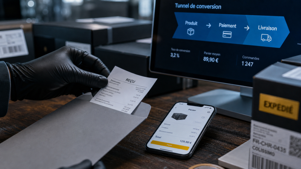 E commerce c est quoi : reçu e-commerce et préparation livraison depuis smartphone et ordinateur