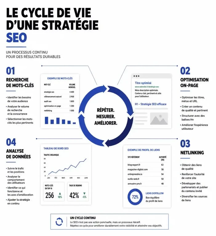 Infographie des étapes clés d'une formation SEO débutant