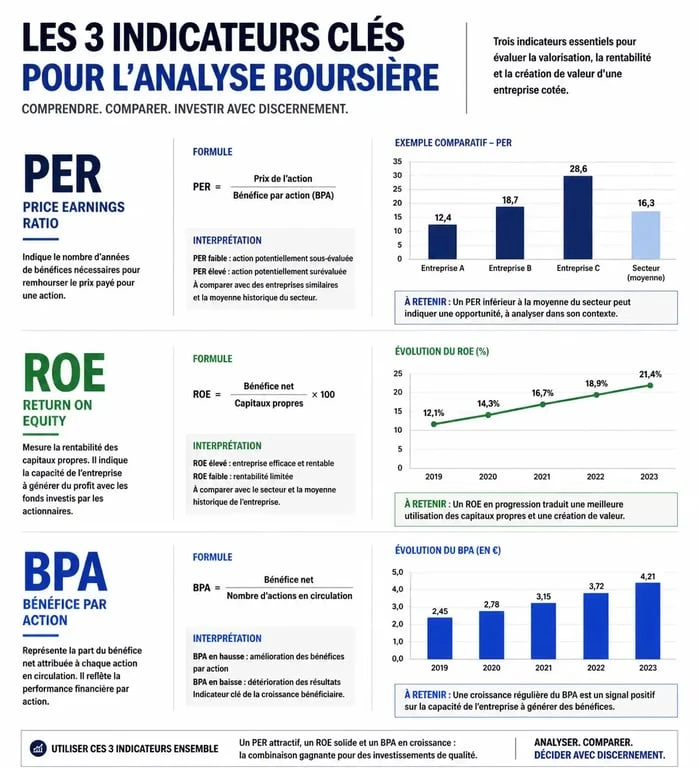 Infographie des indicateurs financiers pour choisir la meilleure action en bourse