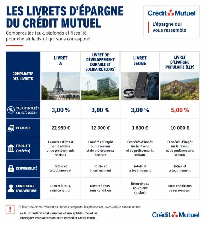 Comparatif des livrets d'épargne au Crédit Mutuel : taux et plafonds pour choisir le livret qui rapporte le plus.