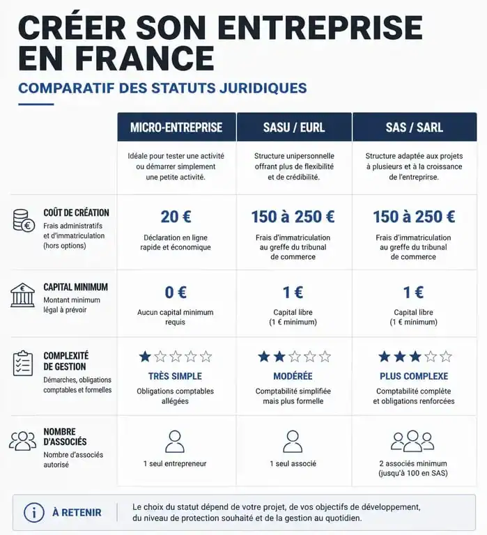 Comparatif des statuts juridiques pour monter son entreprise sans argent