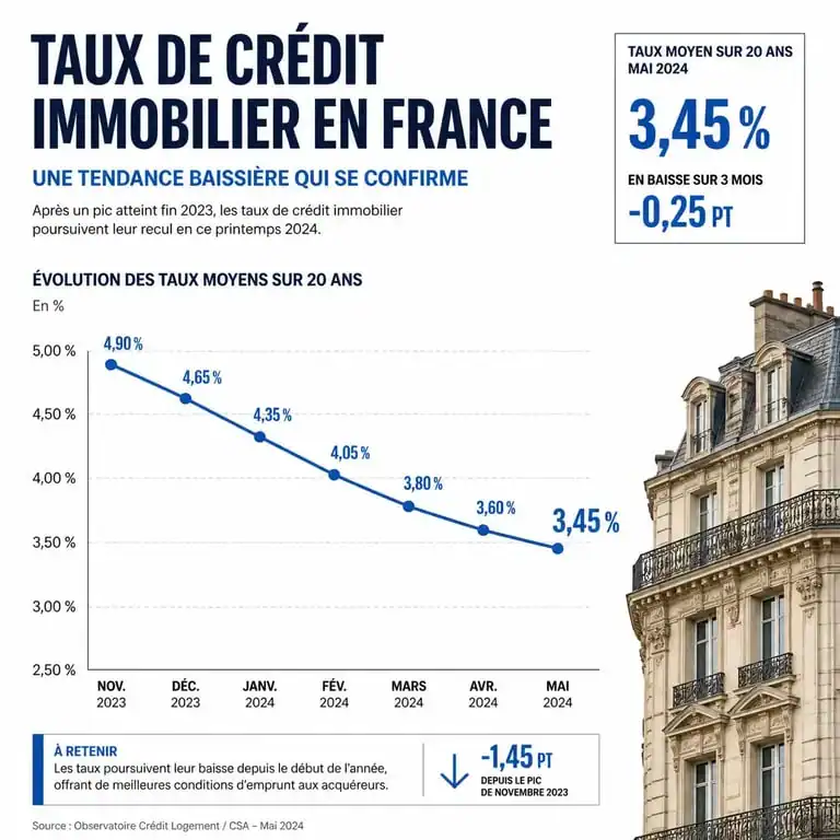 Graphique des tendances des taux de crédit immobilier en France