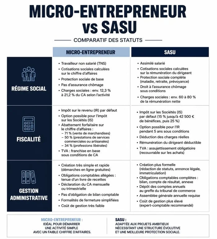 Tableau comparatif des différences entre le statut auto entrepreneur ou sasu pour choisir sa structure juridique.