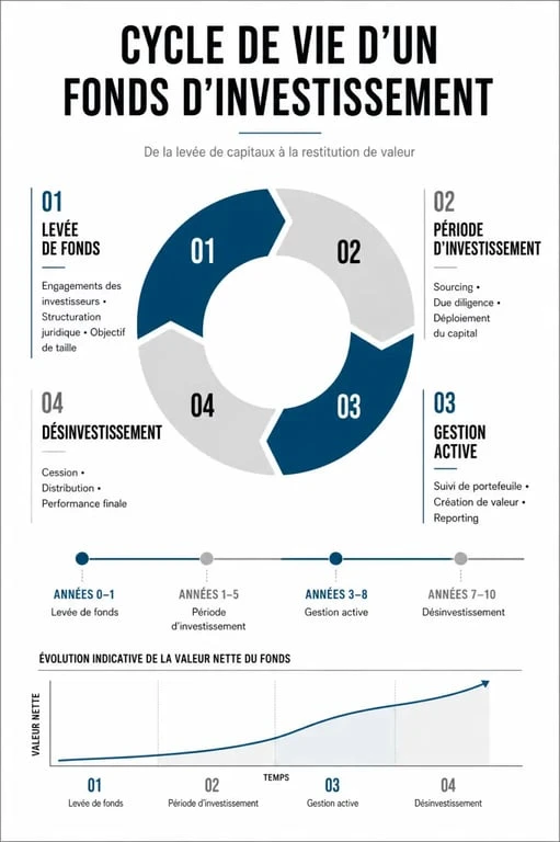 Infographie du cycle de vie d'un fonds d'investissement expliquant la gestion de fonds
