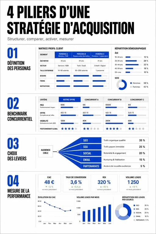 Infographie des 4 piliers d'une stratégie d'acquisition performante pour le marketing digital