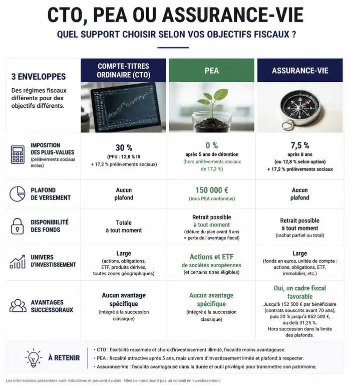 Comparatif fiscal entre CTO, PEA et Assurance-Vie pour optimiser ses investissements