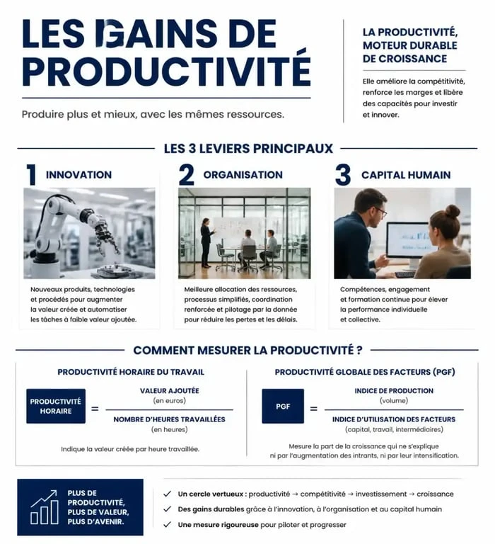 Infographie sur les méthodes de calcul et les leviers du gain de productivité